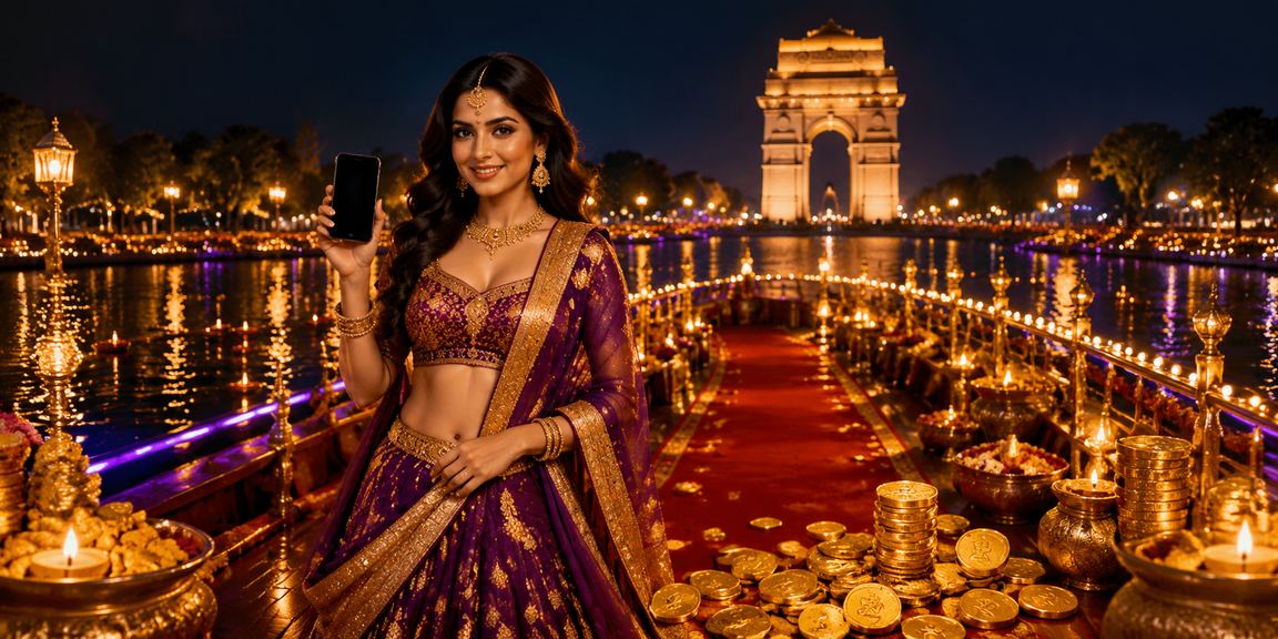 Mobile casino gaming at Diwali festival in Delhi with bright lights