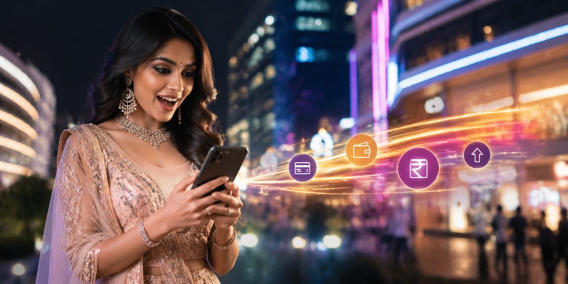 Indian user making deposit using mobile wallet on festive day