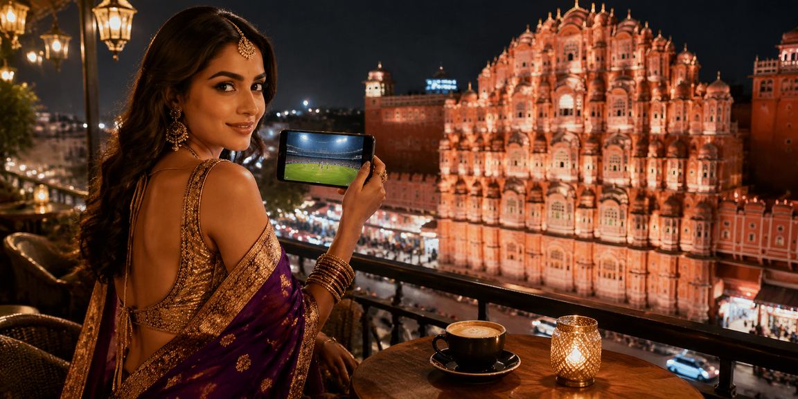 Indian player enjoying Rummy on mobile app in Jaipur with cultural background